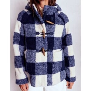 BODEN Jacket Blue White Buffalo Check Sherpa Toggle Hooded Coat NEW